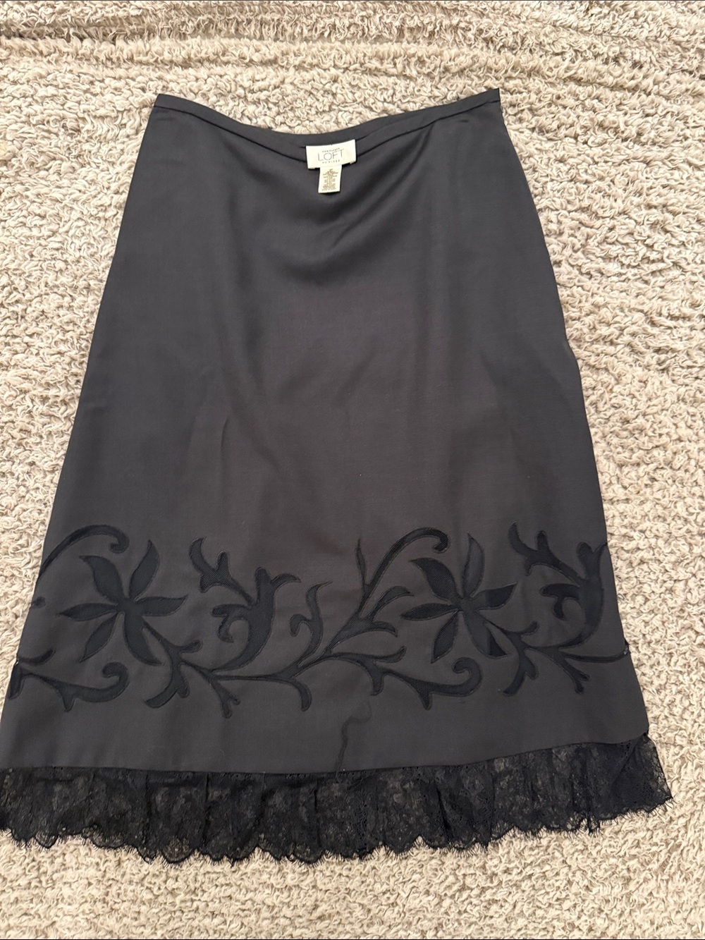 LOFT Black Floral Appliqué Midi Skirt with Lace Trim